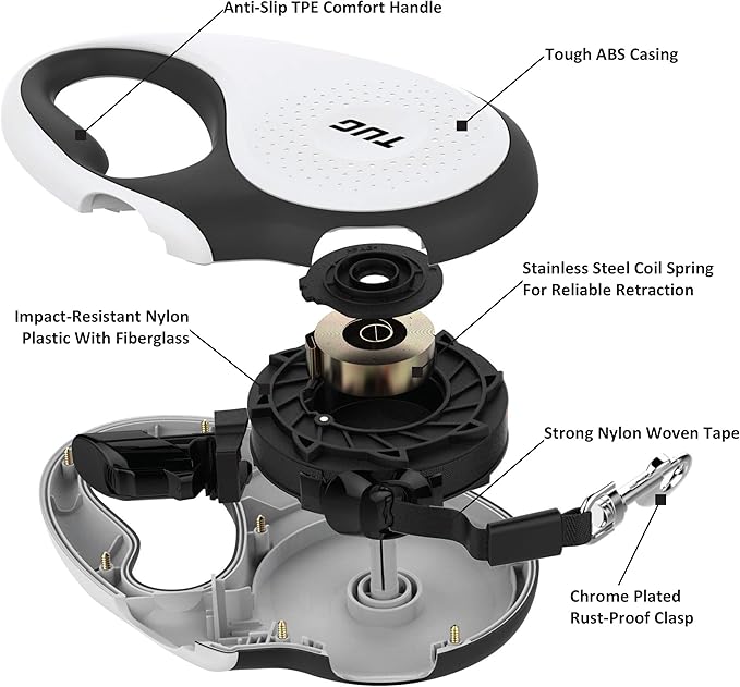TUG 360° Tangle-Free Retractable Dog Leash with Anti-Slip Handle | 16 ft Strong Nylon Tape | One-Handed Brake, Pause, Lock (Small, White)
