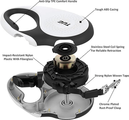 TUG 360° Tangle-Free Retractable Dog Leash with Anti-Slip Handle | 16 ft Strong Nylon Tape | One-Handed Brake, Pause, Lock (Small, White)
