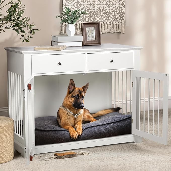 LEMBERI 44 Inch Large Dog Crate Furniture with Storage Drawers, Wooden Dog Kennel Furniture as End Table, Decorative Pet Cage Dog House Indoor for Dogs