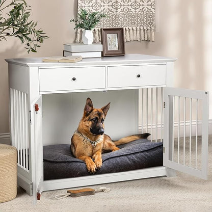 LEMBERI 44 Inch Large Dog Crate Furniture with Storage Drawers, Wooden Dog Kennel Furniture as End Table, Decorative Pet Cage Dog House Indoor for Dogs
