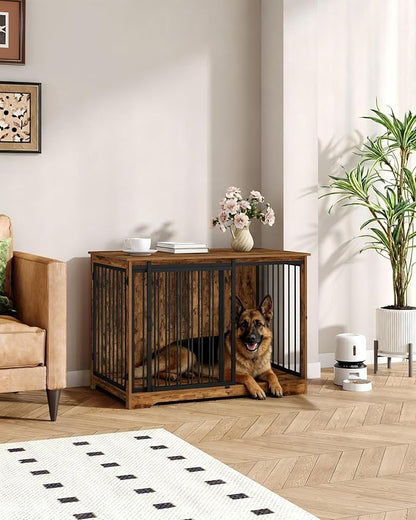 Hzuaneri 43.3" Dog Crate Furniture with Barn Door, Heavy Duty Dog Kennel Indoor with 2 Doors, Wooden Pet Cage End Table for Large Small Medium Dogs, Anti-Chew Anti-Escape, Rustic Brown DFC92301B
