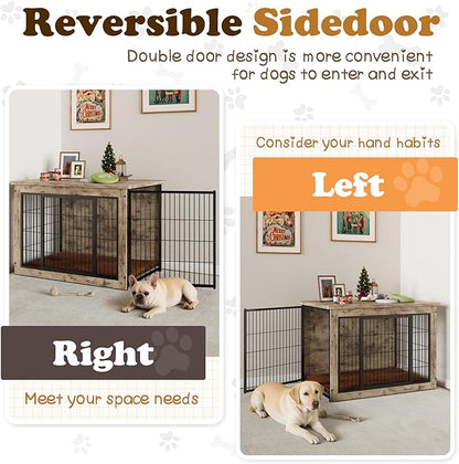 Dog Crate Furniture with Thick Cushion, Side End Table Wooden Dog Cage with Double Doors, Chew-Resistant Dog Kennel Dog House Indoor for Small to Large Dog