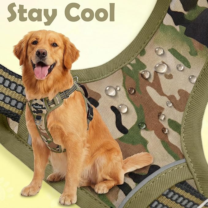 Funfox Dog Harness No Pull, Adjustable Pet Vest Harness, Super Soft Material with Vertical Handle Easy Control, Reflective Night Walking, 2 Leash Clips for Large Dogs, Camo Green, L