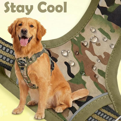 Funfox Dog Harness No Pull, Adjustable Pet Vest Harness, Super Soft Material with Vertical Handle Easy Control, Reflective Night Walking, 2 Leash Clips for Large Dogs, Camo Green, L