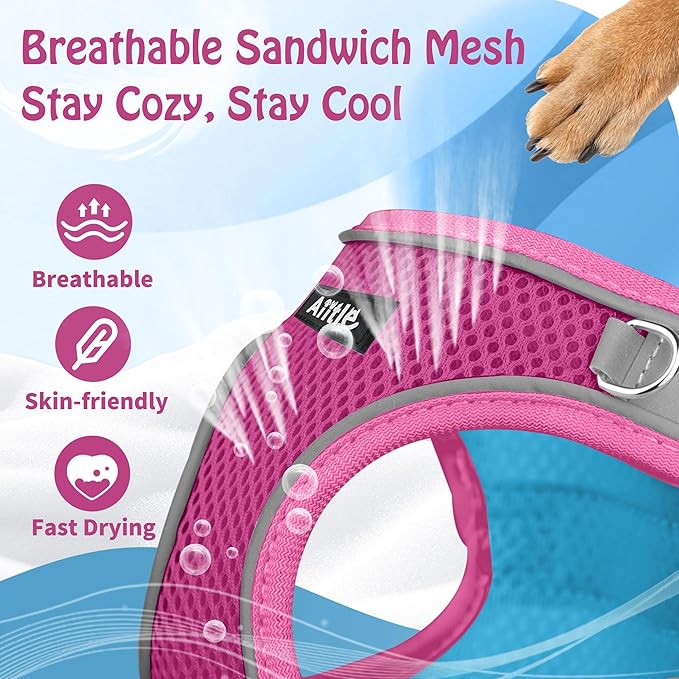 AIITLE Step in Dog Harness and Leash Set - No Pull Escape Proof Vest Harnesses with Soft Mesh and Reflective Bands, Adjustable Pet Outdoor Harnesses for Small and Medium Dogs Hot Pink M