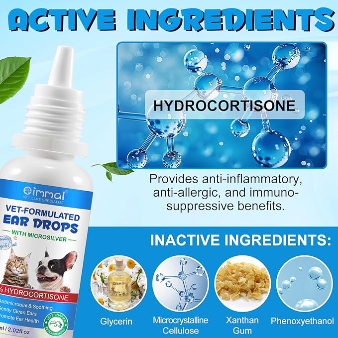 VOSIFSDIY Dog Cat Ear Infection Treatment Drops, Pets Ear Cleaning Drops with 1% Hydrocortisone for Dog & Cats Yeast Infection, Itchy Ear Relief, Pet Ear Care Supplies for Dogs & Cats -2fl oz(2PCS)