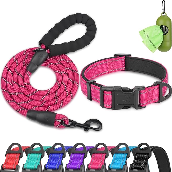Dynmeow Reflective Dog Collar and Leash Set, 6FT Strong Climbing Rope Leash with Padded Handle, Adjustable Pet Collar with Soft Neoprene Padding for Puppy Small Dogs, Hot-Pink, Xs
