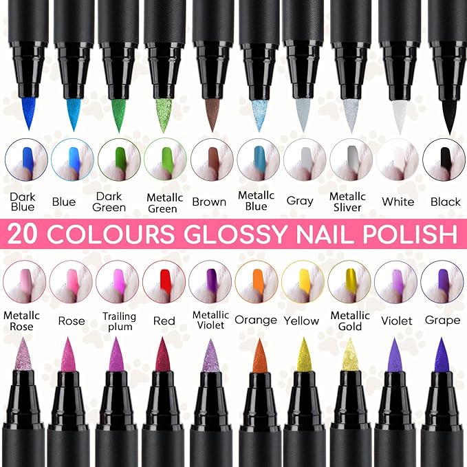 OLINGYOU Dog Nail Polish， Dog Nail Polish Pens Quick Dry-20 Colors, Pet Nail Polish Set for Dogs， DIY Dogs Puppy Nails, Dog Safe Nail Polish Non Toxic, Odorless, Easy to Apply