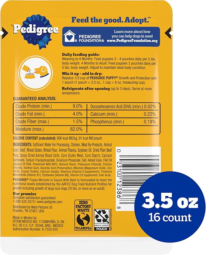 Pedigree Puppy Food Morsels in Sauce, Wet Dog Food Pouches, Beef Flavor, 3.5 oz. Pouches, 16 Count