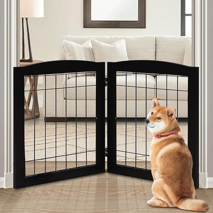 LZRS 2-Panel Freestanding Foldable Wood Dog Gate – Solid Wood & Steel Wire, Chew-Resistant Pet Barrier for Indoor Use, Ideal for Small to Medium Dogs, Black