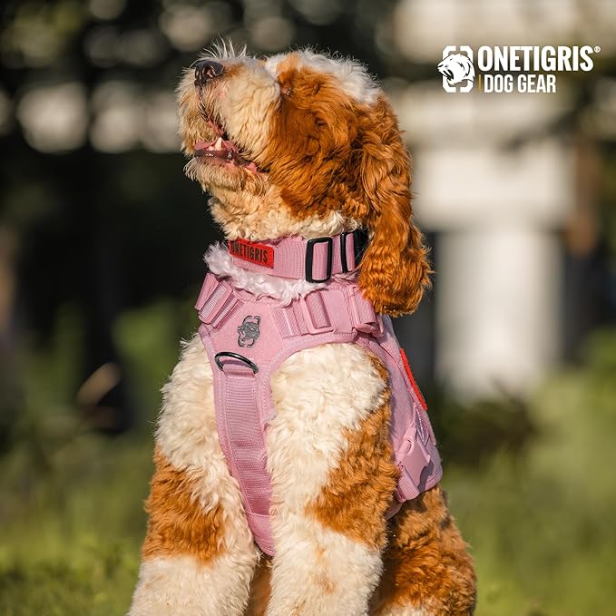 OneTigris Tough Dog Collars, Tactical Dog Collar with Handle, Milltary Adjustable Dog Collar with Heavy Duty Metal Buckle for Training (Pink, S)