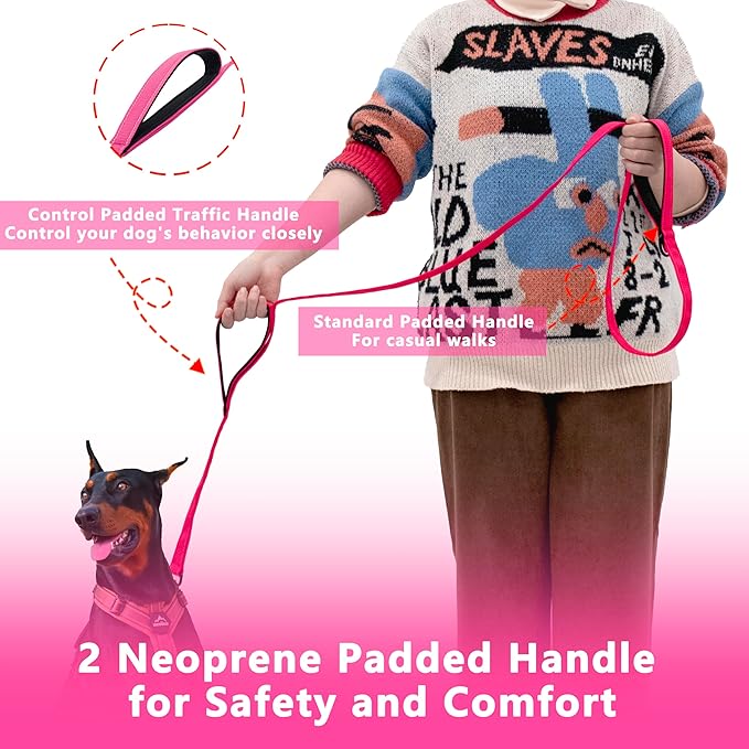 Dog Leash 4ft Long, Double Handle Dog Leash for Safety Control Training, Heavy Duty Dog Leads with Traffic Padded Handles, Reflective Leashes for Small Medium Large Dogs(4ft, Hotpink)