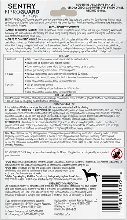 Sentry Fiproguard for Dogs, Flea and Tick Prevention for Dogs (45-88 Pounds), Includes 6 Month Supply of Topical Flea Treatments