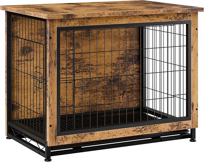 Vongrasig Dog Crate Furniture, Side End Table, Modern Wooden Kennel for Dogs Indoor, Heavy-Duty Dog Cage with Multi-Purpose Removable Tray, Double-Door Dog House, Rustic Brown