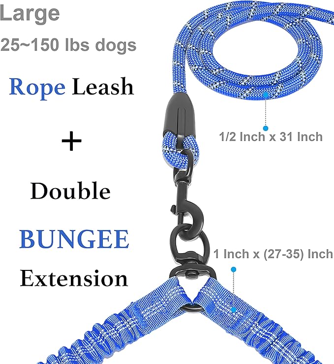 iYoShop Dual Dog Leash - 360° Swivel, No Tangle Walking Leash with Shock Absorbing Bungee for Two Dogs (Large, 25-150 lbs, Royal Blue)