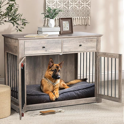 LEMBERI 44 Inch Large Dog Crate Furniture with 2 Storage Drawers, Wooden Dog Kennel Furniture as End Table, Decorative Pet Cage Dog House Indoor for Dogs