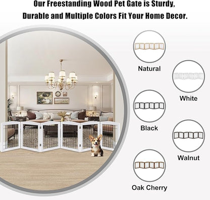 LZRS 6-Panel Extra Wide Wooden Freestanding Dog Gate: Foldable Solid Wood and Steel Wire Chew Resistant Safety Barrier for Doorways, Stairs, and Open Long Spaces Indoor Use, White