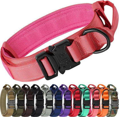 Joytale Tactical Dog Collar with Handle and Metal Buckle, Heavy Duty Padded Military Collar with 2 Patches for Training, Adjustable for XLarge Dogs, Hotpink, XL
