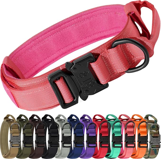 Joytale Tactical Dog Collar with Handle and Metal Buckle, Heavy Duty Padded Military Collar with 2 Patches for Training, Adjustable for Medium Dogs, Hotpink, M