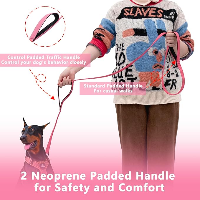 Dog Leash 6.5ft Long, Double Handle Dog Leash for Safety Control Training, Heavy Duty Dog Leads with Traffic Padded Handles, Reflective Leashes for Small Medium Large Dogs(6.5ft, Pink)