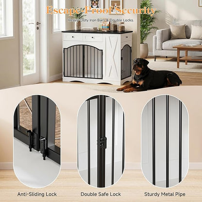 43.3" Furniture Style Dog Crate with 3 Storage Drawers, Heavy Duty Wood Pet Kennel with Removable Feeder, Modern End Table Dog House with Dual Doors for Large Dogs (41-70 lbs) (Black)