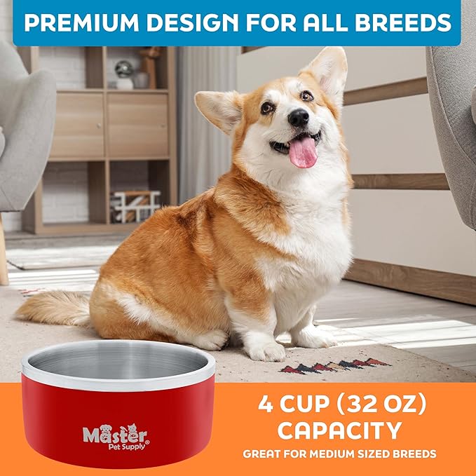 Master Pet Supply Stainless Steel Dog Bowls - 32 oz, Heavy Duty - Crimson Flame, Double Wall Extra-Thick Insulated, Non-Slip Pet Water Bowl for Dogs, Cats & Pets, Anti Rust Metal, Dish Washer Safe
