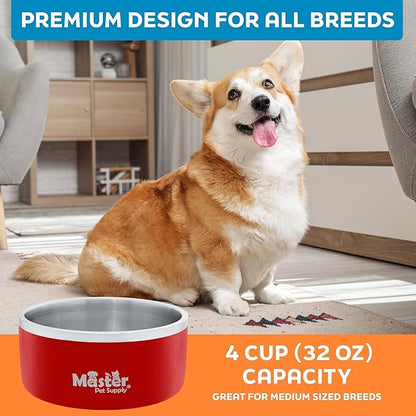 Master Pet Supply Stainless Steel Dog Bowls - 32 oz, Heavy Duty - Crimson Flame, Double Wall Extra-Thick Insulated, Non-Slip Pet Water Bowl for Dogs, Cats & Pets, Anti Rust Metal, Dish Washer Safe