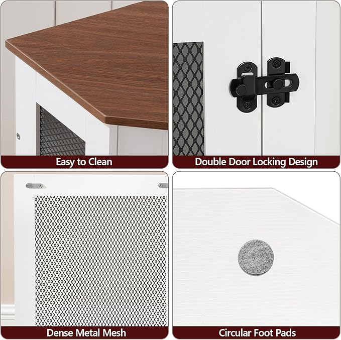 MAHANCRIS Corner Dog Crate Furniture, Wooden Dog Kennel End Table, Decorative Pet Crate Indoor Use, Furniture Style Dog House for Small Medium Dog, Dog Cage TV Stand, White and Walnut DCBA0801