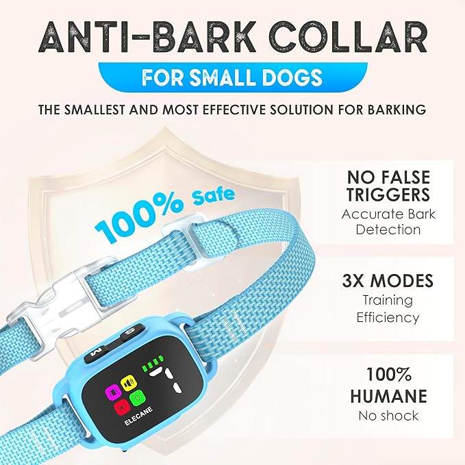 Tiny Bark Collar for Small Dogs 5-15 lbs and Puppies - No Shock Anti Barking Collar - Rechargeable Smart Collar for Dog Training with 7 Sensitivity Levels and 3 Beep&Vibration Modes (Pure Blue)
