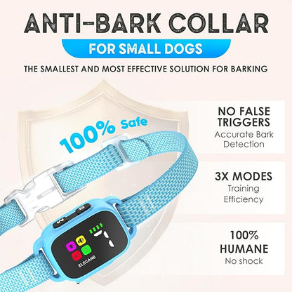 Tiny Bark Collar for Small Dogs 5-15 lbs and Puppies - No Shock Anti Barking Collar - Rechargeable Smart Collar for Dog Training with 7 Sensitivity Levels and 3 Beep&Vibration Modes (Pure Blue)