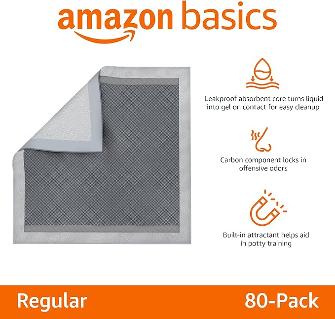 Amazon Basics Carbon Odor Control Dog and Puppy Pee Pads, 5-Layer Leak-Proof Super Absorbent, Quick-Dry Surface for Potty Training, Regular Size 22"x22", Gray, 120 Count
