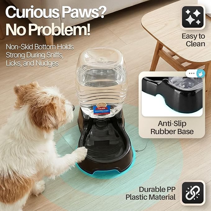 Flexzion Automatic Gravity Pet Waterer for Cat & Dog - Non-Skid & Easy-Clean Auto Replenish Water Dispenser Drinking Bowl (3/8 Gallon / 1.5L), Black