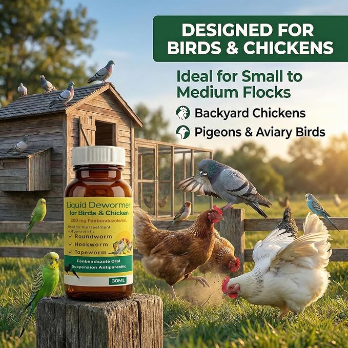 Dewormer for Chickens and Birds Fenbendazole Broad Spectrum Targets Tapeworm Roundworm &Hookworm for Laying Hens Poultry Aviary Wormer Liquid for Pet Birds, Pigeons and Flocks (30ml)