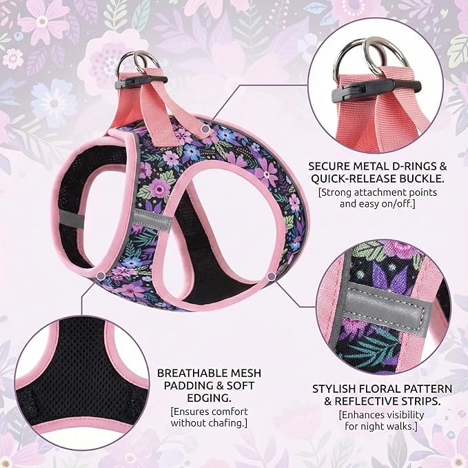 Mihqy Step in Dog Harness and Leash Set, Reflective Adjustable No Pull Dog Harness for Small Medium Dogs Puppy and Cats, Soft Padded Mesh Vest Harnesses for Girl and Boy Pets(Pink Floral,M)
