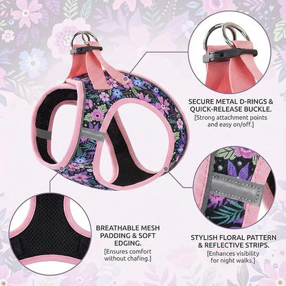 Mihqy Step in Dog Harness and Leash Set, Reflective Adjustable No Pull Dog Harness for Small Medium Dogs Puppy and Cats, Soft Padded Mesh Vest Harnesses for Girl and Boy Pets(Pink Floral,M)