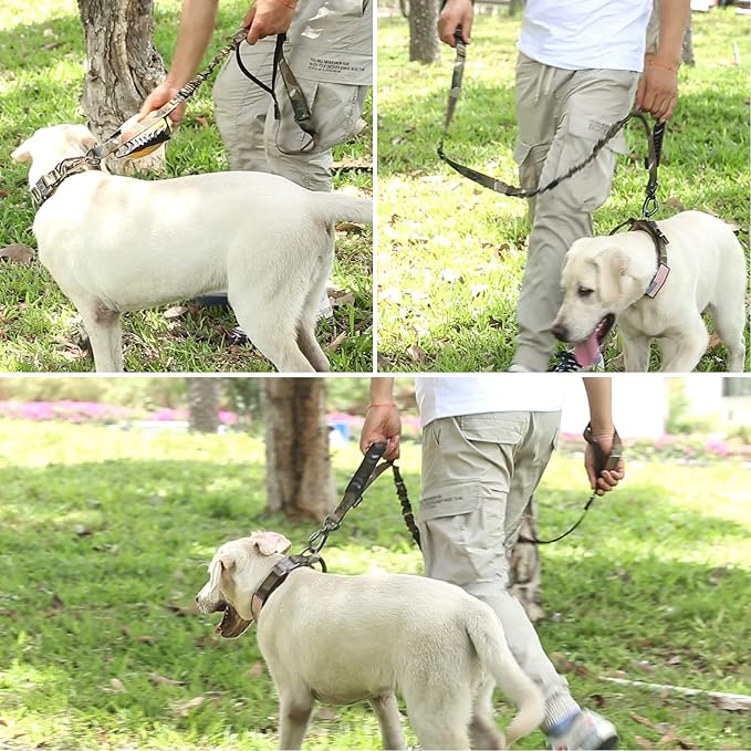 Hotsky Tactical Dog Leash Heavy Duty for Medium Large Dogs that Pull,4-6Ft Strong Bungee Shock Absorbing No Pull Dog Leash with Padded Double Handle and Car Seatbelt,CP