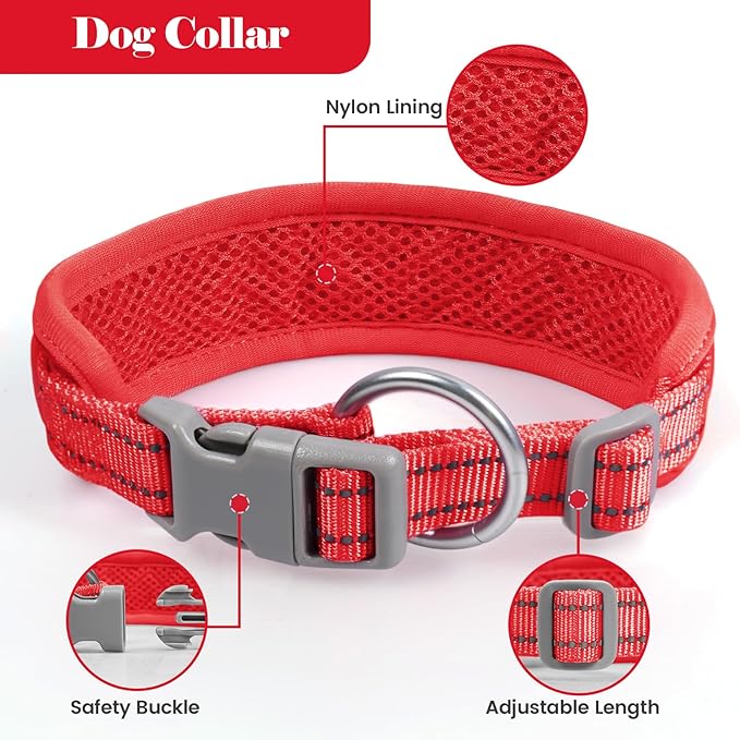 Reflective Dog Collar Leash Set, Adjustable Soft Dog Collar Leash with Poop Bag Holder Dispenser for Small Medium Large Dogs, Multiple Color Available, Red, Medium