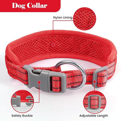 Reflective Dog Collar Leash Set, Adjustable Soft Dog Collar Leash with Poop Bag Holder Dispenser for Small Medium Large Dogs, Multiple Color Available, Red, Medium