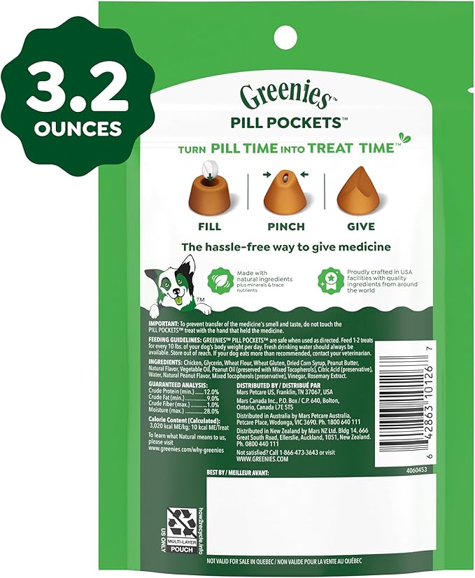 Greenies Pill Pockets for Dogs Small Size, Tablet Pill Treats for Dogs, Peanut Butter Flavor, 3.2 oz. Pouch