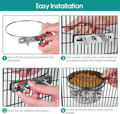 2 Pcs Large Dog Food Water Bowl for Cage with Upgraded Clamp Holder, Pet Kennel Hanging Bowls Stainless Steel Detectable Bowls Crate Feeder Dish for Large Dogs (7.1x3.7'' & 5.1x2.7'')