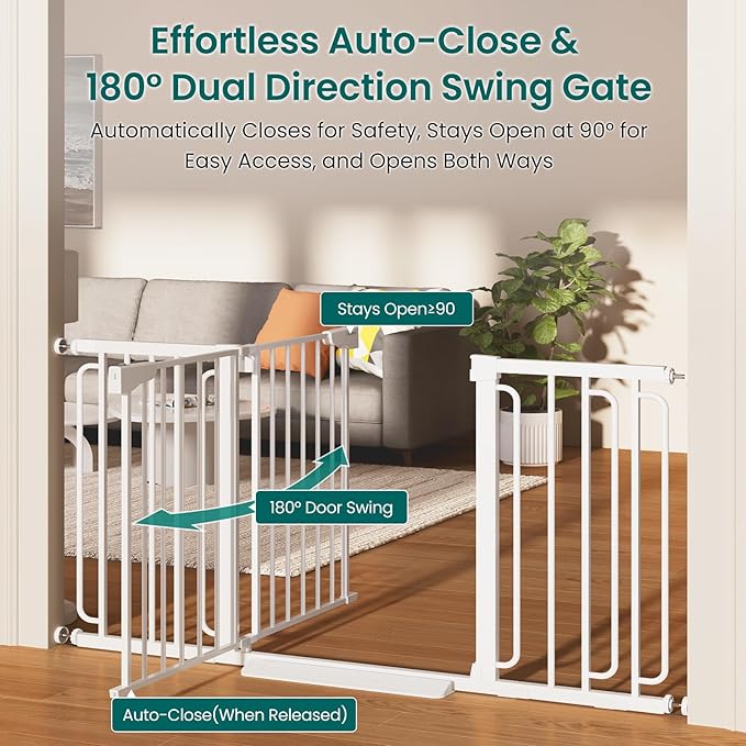 Cumbor 2-Pack Baby & Dog Gates Bundle, 29.7-48" & 30.4-56.8" Extra Wide Safety Gates for Stairs Doorways Hallways, Dual Lock Auto Close Easy Install Pet Gate, White