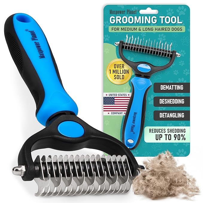 Maxpower Planet Original Pet Grooming Rake - Double-Sided Deshedding Dematting Tool, Undercoat Rake for Dogs & Cats, Extra-Wide Dog Grooming Brush & Deshedder Comb for Long Hair, Reduces Shedding 95%