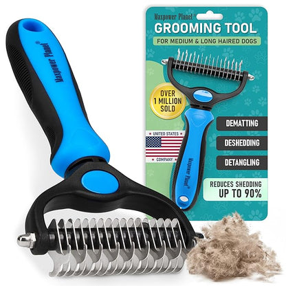 Maxpower Planet Original Pet Grooming Rake - Double-Sided Deshedding Dematting Tool, Undercoat Rake for Dogs & Cats, Extra-Wide Dog Grooming Brush & Deshedder Comb for Long Hair, Reduces Shedding 95%