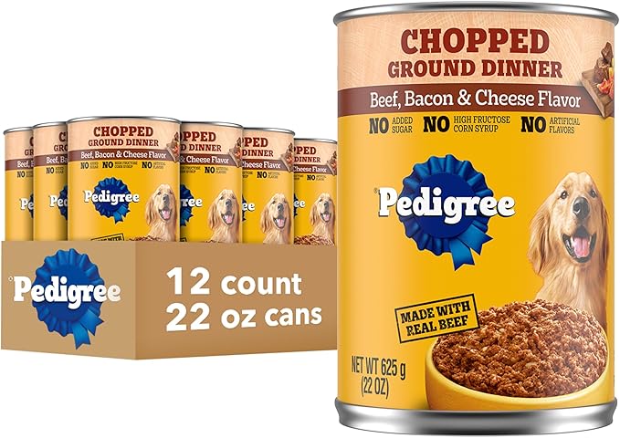 Pedigree Chopped Ground Dinner Adult Soft Wet Dog Food Bacon & Cheese Dinner, Canned Dog Food, 22 oz. Cans, 12 Count