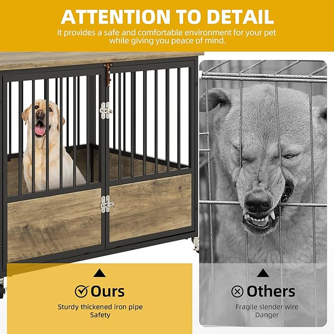 DWVO Dog Crate Furniture with Wheels, 43 Inch Dog Kennel Indoor Furniture End Table Dog Crate for Dogs, Farmhouse Decorative Wooden Dog Cage Table with Double-Doors, Chew-Resistant, Greige