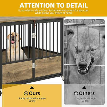 DWVO Dog Crate Furniture with Wheels, 43 Inch Dog Kennel Indoor Furniture End Table Dog Crate for Dogs, Farmhouse Decorative Wooden Dog Cage Table with Double-Doors, Chew-Resistant, Greige