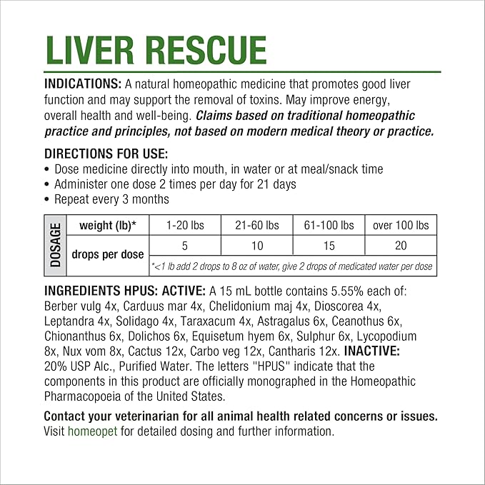 HomeoPet Liver Rescue, Safe and Natural Liver-Support Supplement for Cats, Dogs, and Other Small Animals, 15 Milliliters