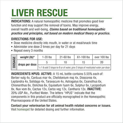 HomeoPet Liver Rescue, Safe and Natural Liver-Support Supplement for Cats, Dogs, and Other Small Animals, 15 Milliliters