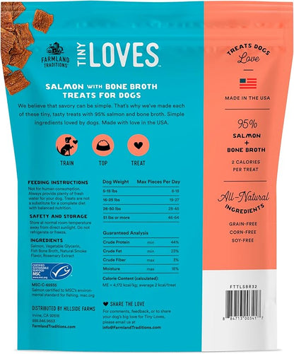 Farmland Traditions Tiny Loves Jerky Trainer Treats for Dogs w/Bone Broth (Salmon, 32 oz.)