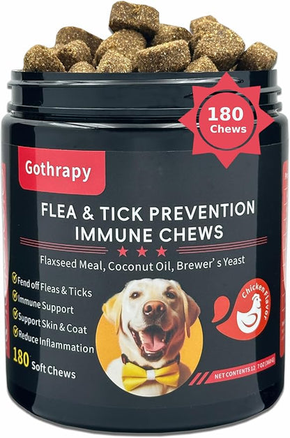 Flea and Tick Prevention for Dogs - 180 Vet-Approved Natural Soft Chewables Treatment | US-Formulas Oral Supplement for Puppy, Adult & Senior | All Breeds Sizes - Chicken Flavor
